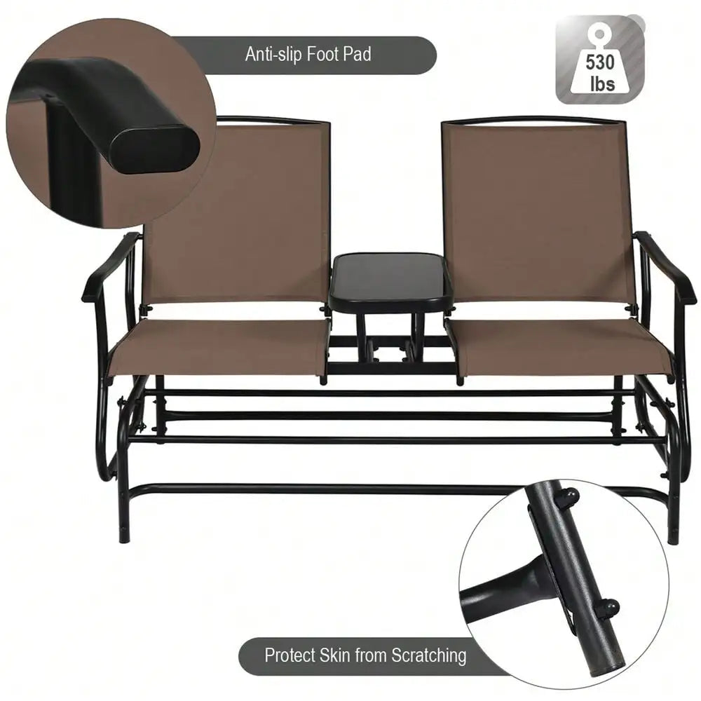 “2-Person Patio Glider Rocking Loveseat with Tempered Glass Table – Brown Outdoor Garden Furniture Set”