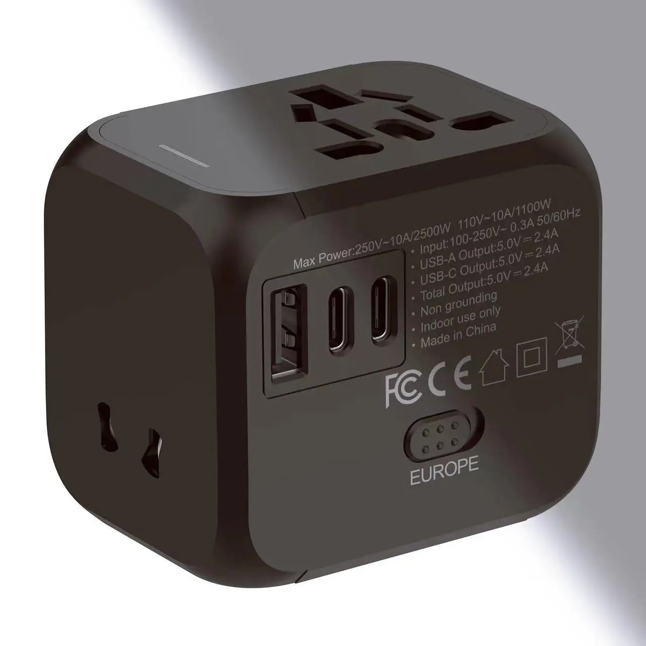 Universal Travel Power Adapter – Compact Converter with Multi-Plug Outlets for China, USA, UK & Europe