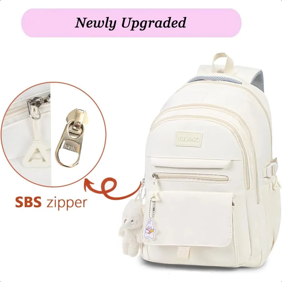 Girls Aesthetic Backpack for School & College – Cute Beige Bookbag with Accessories