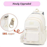 Girls Aesthetic Backpack for School & College – Cute Beige Bookbag with Accessories