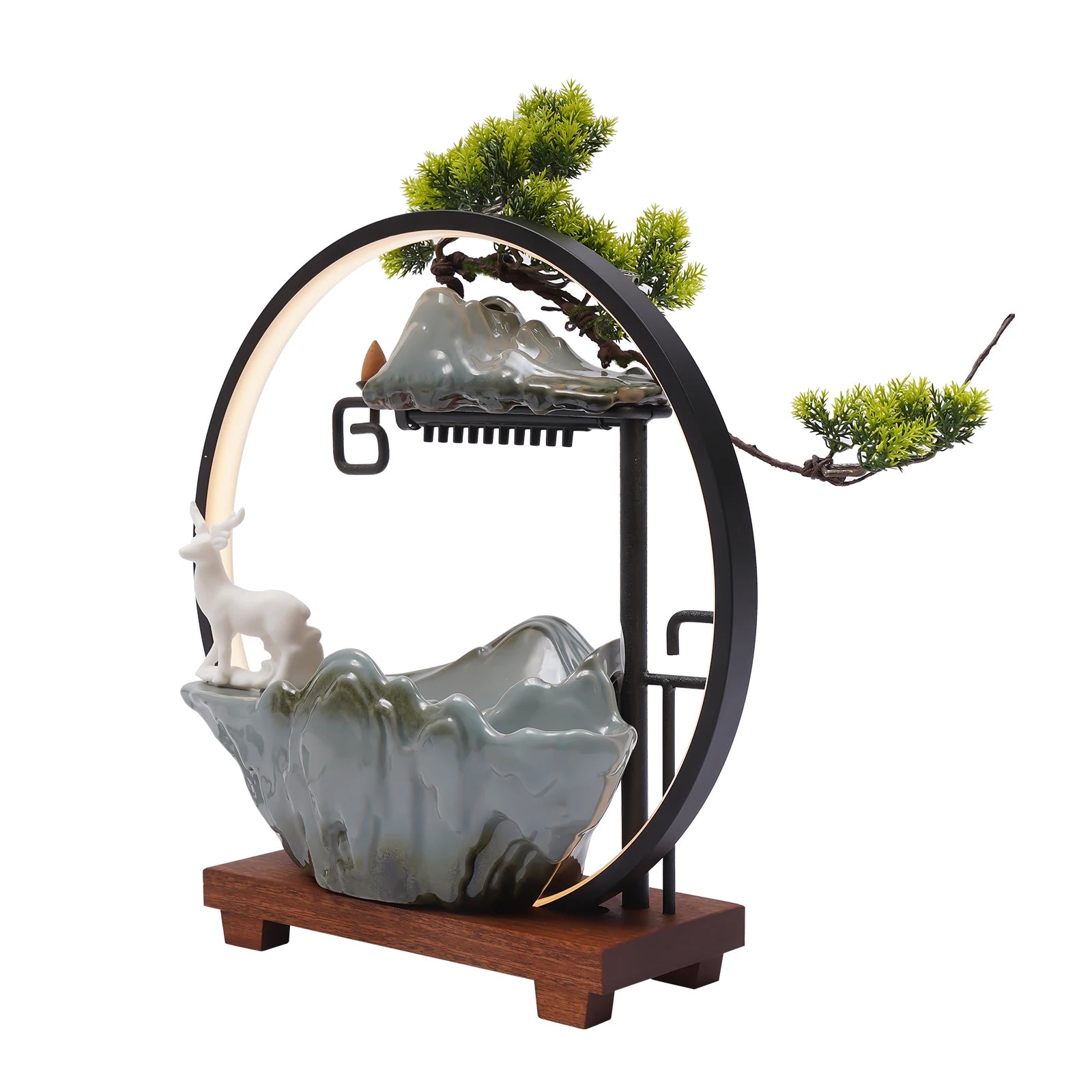 Ceramic Tabletop Fountain with LED Lights – Indoor Waterfall Mist Décor Featuring Deer & Plants for Relaxing Home & Office Ambience