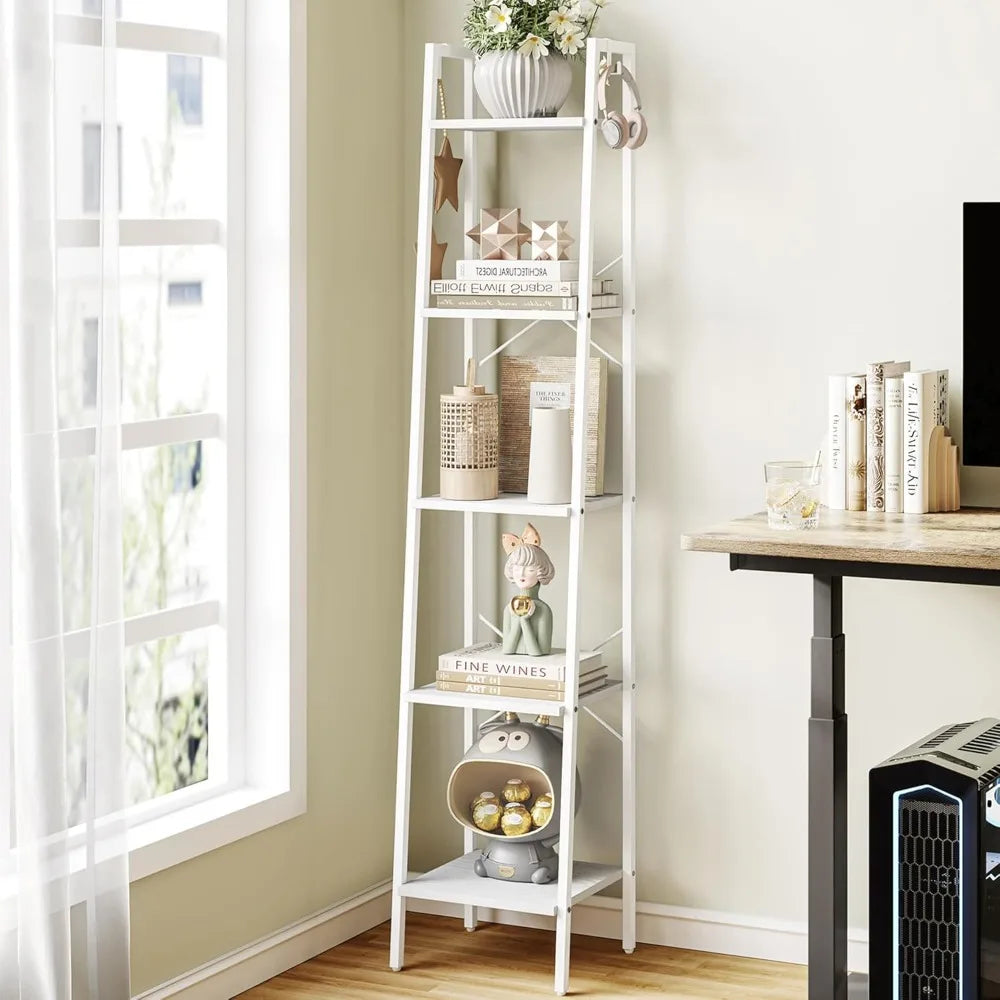 Tier Freestanding Corner Bookcase with Hooks for Home, Office & Kitchen Storage
