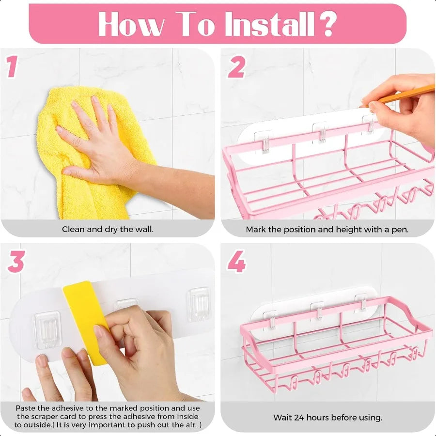 2-Pack Adhesive Stainless-Steel Shower Caddy – Rustproof Wall-Mounted Racks for Bathroom Storage (Pink Accent)
