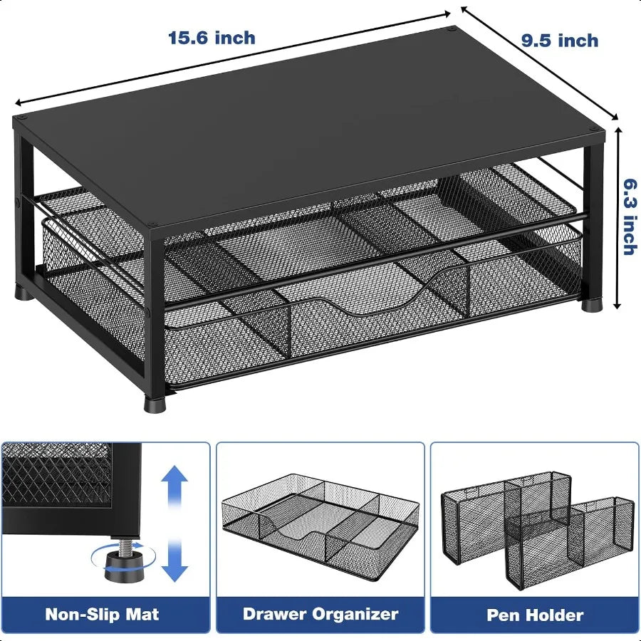 2-Tier Computer Monitor Stand & Desk Organizer with Drawer and 2 Pen Holders
