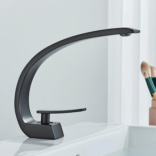 Luxury Brass Deck-Mounted Matte Black Basin Faucet – Single-Hole Mixer Tap Hot & Cold