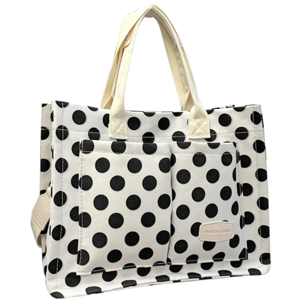Women’s Polka Dot & Floral Tote Bag – Large-Capacity Stylish Shoulder & Crossbody Bag with Adjustable Strap & Multi-Pockets for Travel