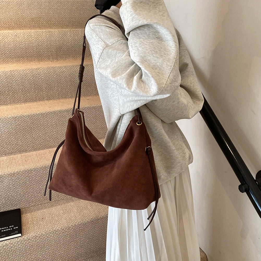 Women’s Suede Shoulder & Messenger Bag – Retro Soft Handbag with Adjustable Strap and Zipper for Work & Travel