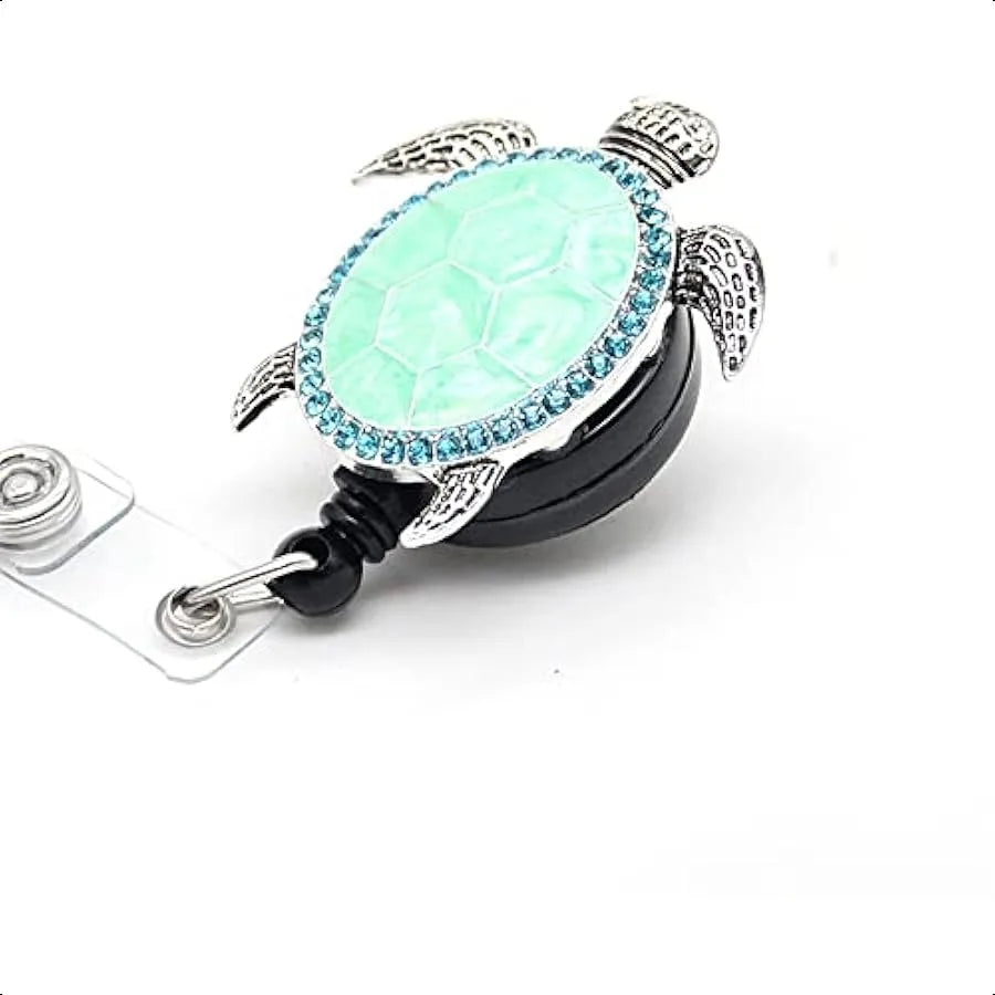 🐢 Aquamarine Enamel Sea Turtle Badge Reel – Retractable ID Card Holder Clip for Nurses, Teachers & Office Staff