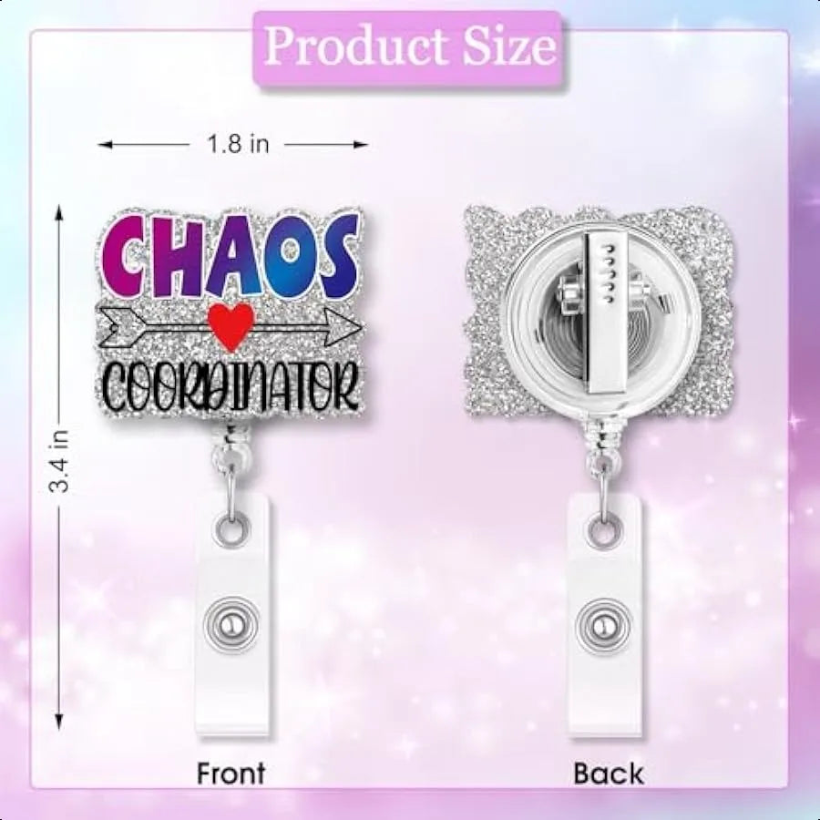 ✨ Funny “Chaos Coordinator” Badge Reel – Silver Glitter Retractable ID Holder with Clip for Nurses, Doctors & Office Staff