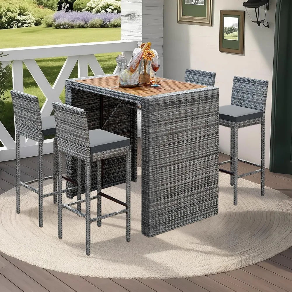 “5-Piece Rattan Patio Bar Set – Outdoor Wicker Furniture with Wood Tabletop & 4 High Stools for Garden, Poolside & Balcony Dining”