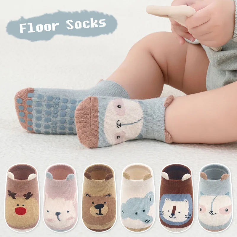 6-Pairs Kids’ Cotton Socks – Non-Slip Baby Floor Socks with Cute Cartoon Animal Patterns for Boys & Girls, Breathable & Comfy