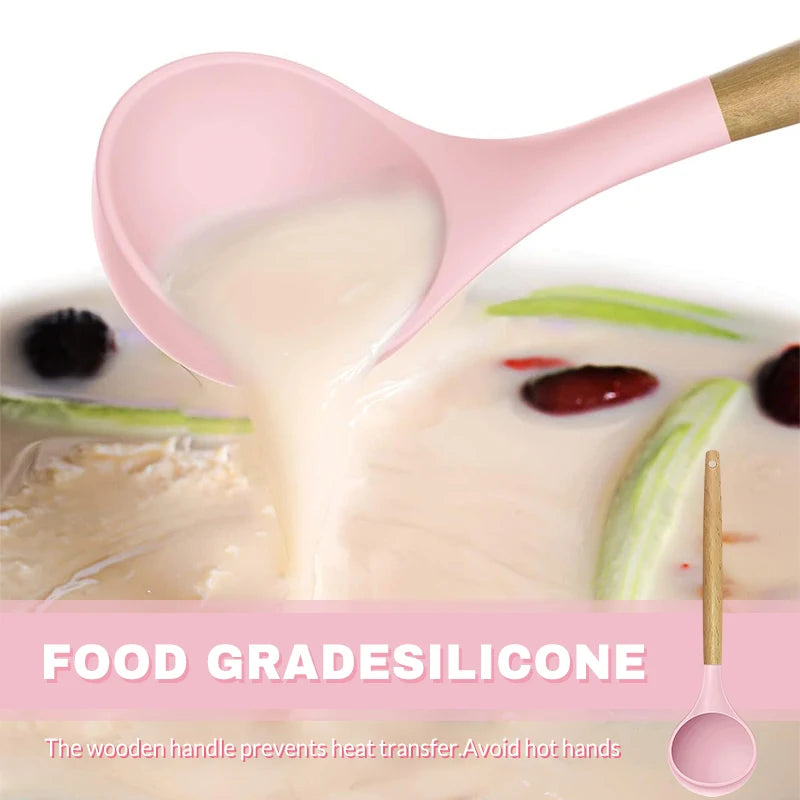 12-Piece Silicone Cooking Utensils Set with Wooden Handles – Non-Stick Spatulas, Spoons & Ladles