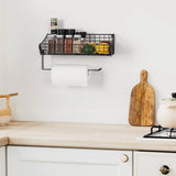 Black Metal Wall Basket Organizer with Paper-Towel Holder – Wall-Mounted Shelf Storage for Kitchen, Bathroom & Bedroom