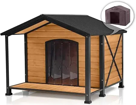 Insulated Outdoor Dog House – Large Weatherproof Fir Wood Shelter with Iron Frame for All Breeds