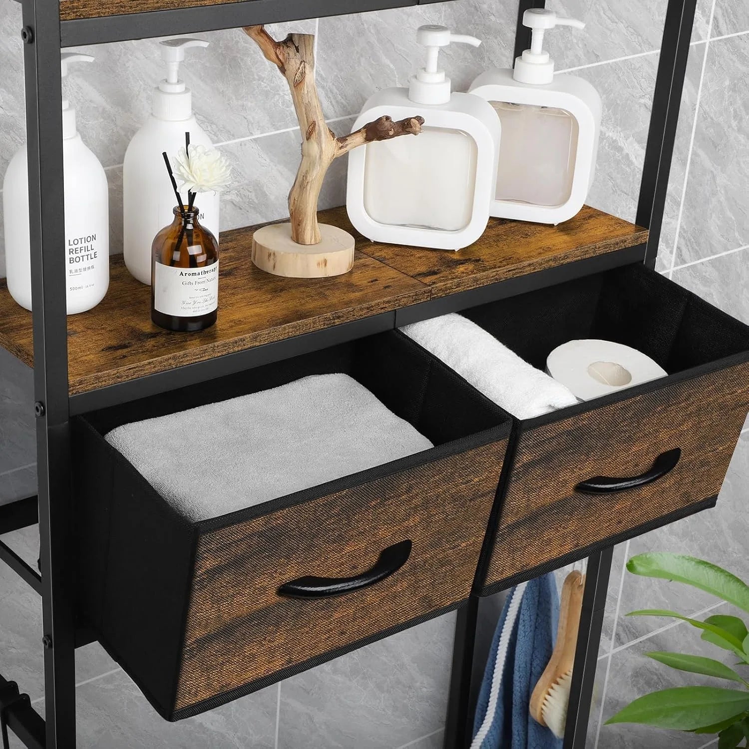 Over-Toilet Storage Cabinet with Fabric Drawers – Space-Saving Freestanding Organizer, Rustic Brown