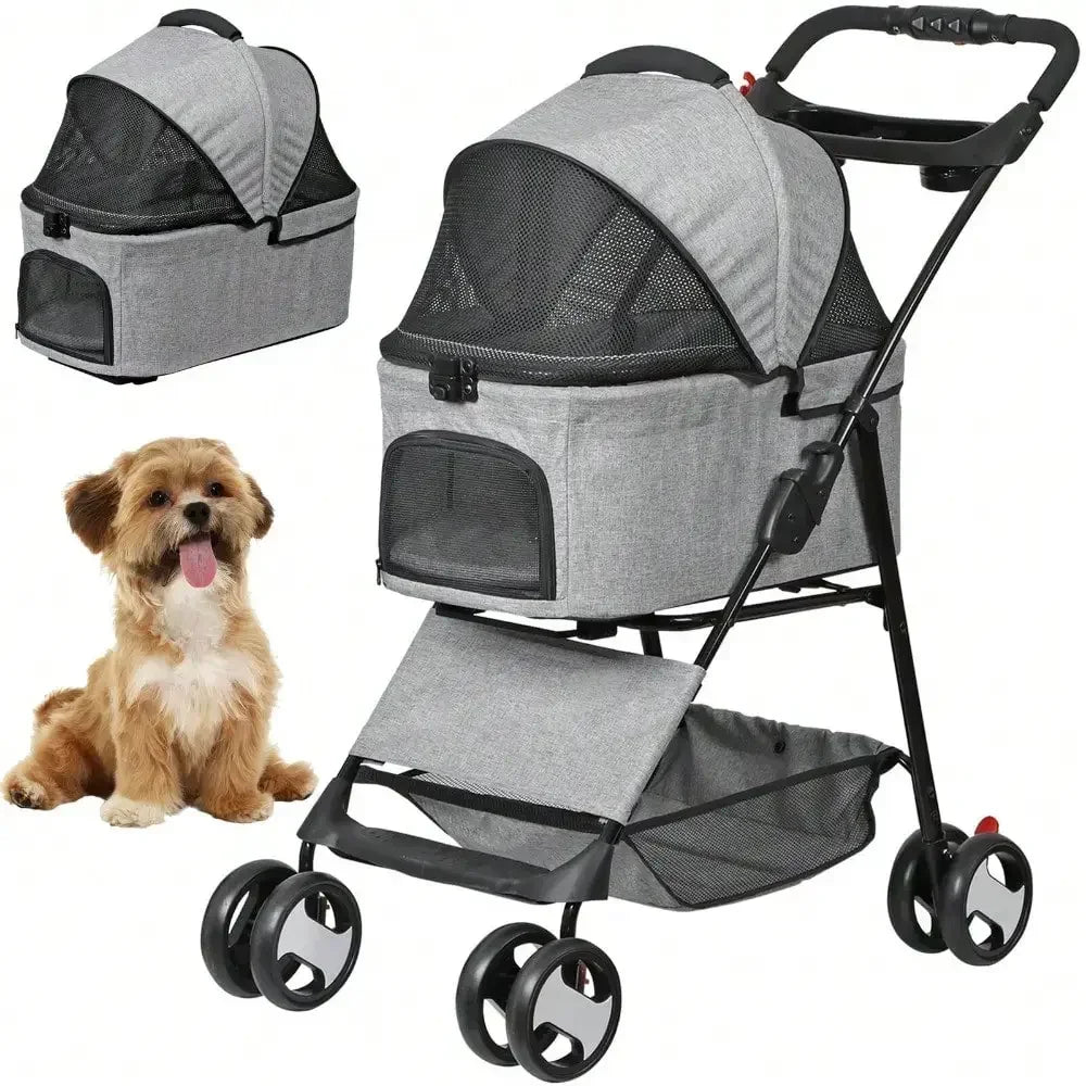 Pet Stroller with Detachable Carrier – Folding Travel Cart for Small Dogs & Cats, 360° Swivel Front Wheels