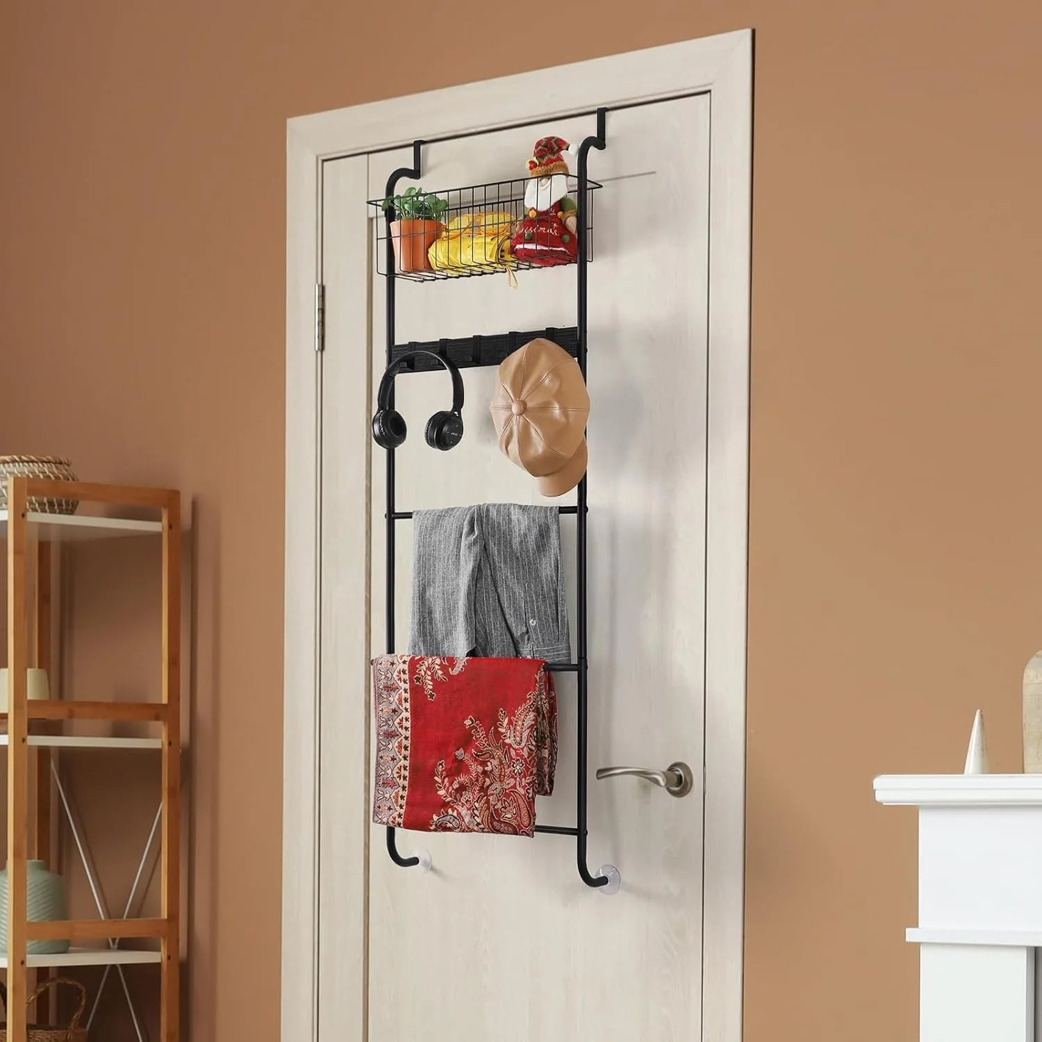 5-Tier Over-The-Door Towel & Accessory Rack with Hooks & Basket – Matte Black Metal