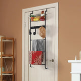5-Tier Over-The-Door Towel & Accessory Rack with Hooks & Basket – Matte Black Metal