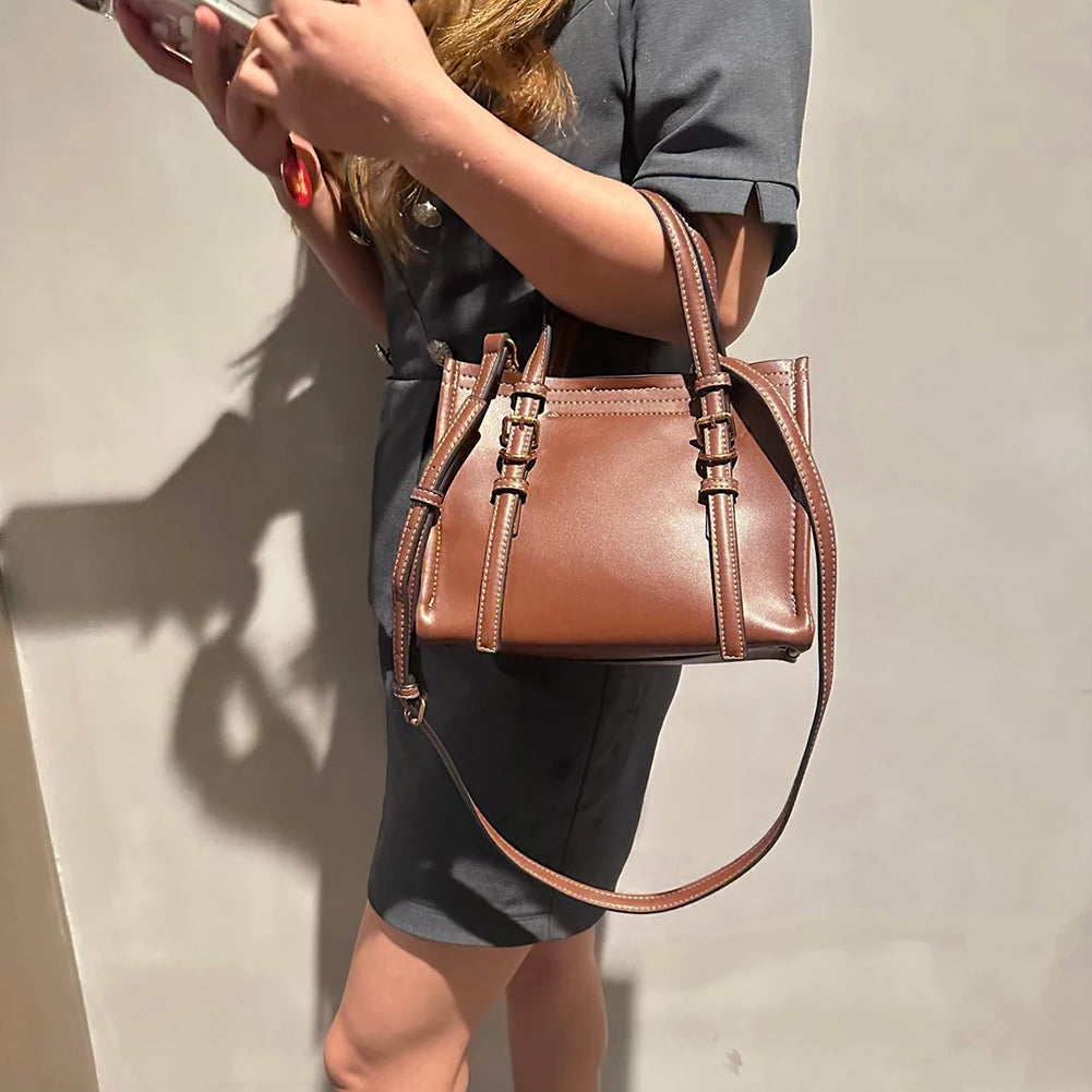 Retro PU Leather Tote Bag for Women – Solid Color Top Handle, Shoulder & Crossbody Satchel Work Handbag