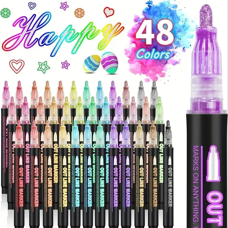 Metallic Double Line Pens Set (12 / 24 / 36 Colors) – Decorative Outline Pens for Scrapbooking & Card Writing