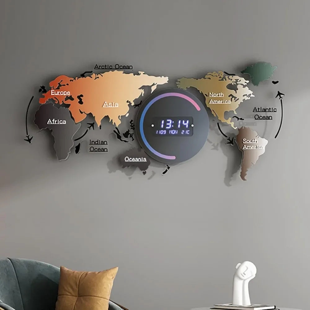 Modern LED Digital World Map Wall Clock – Large Acrylic Decorative Battery-Operated Clock for Living Room