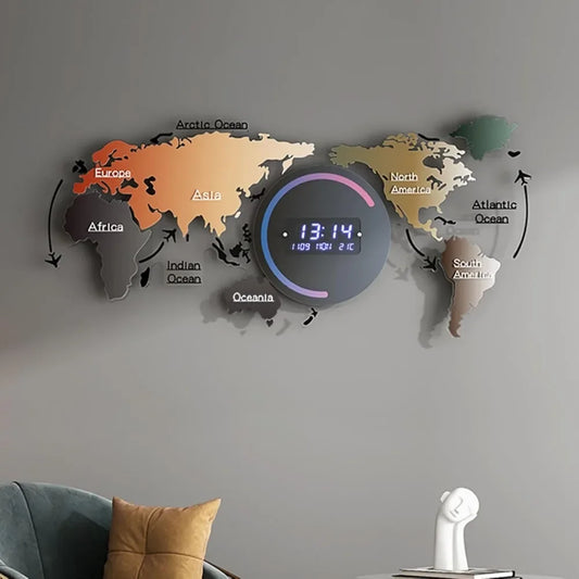 Modern LED Digital World Map Wall Clock – Large Acrylic Decorative Battery-Operated Clock for Living Room