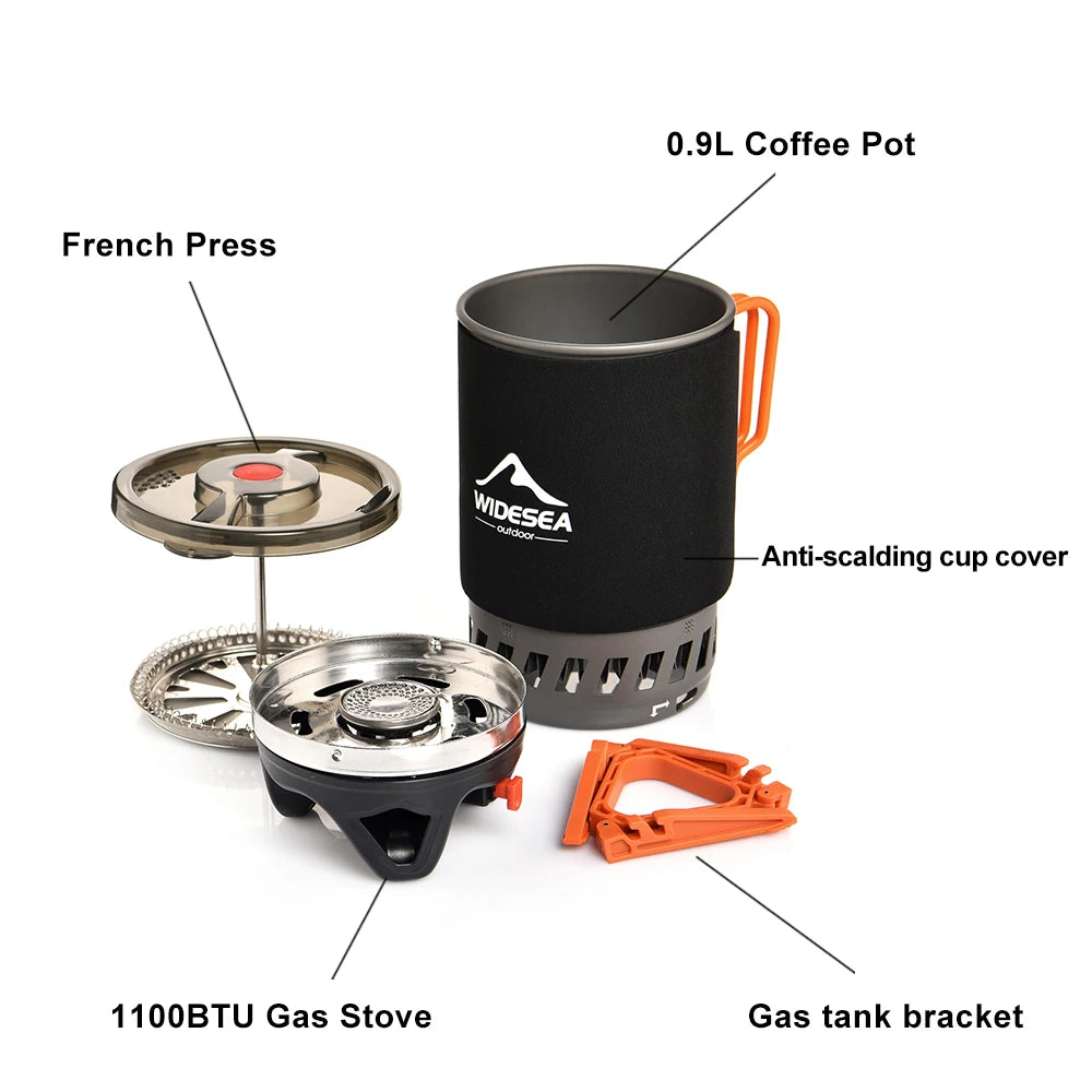 Widesea Camping Cooking System – Portable Gas Stove with Heat Exchanger, Coffee Pot, Cup & Cookware Set 🔥☕