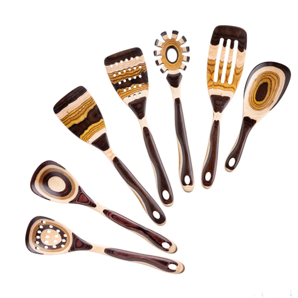 7-Piece Brown Pakkawood Utensils Set – Sturdy Eco-Friendly Wooden Spoons & Cooking Tools