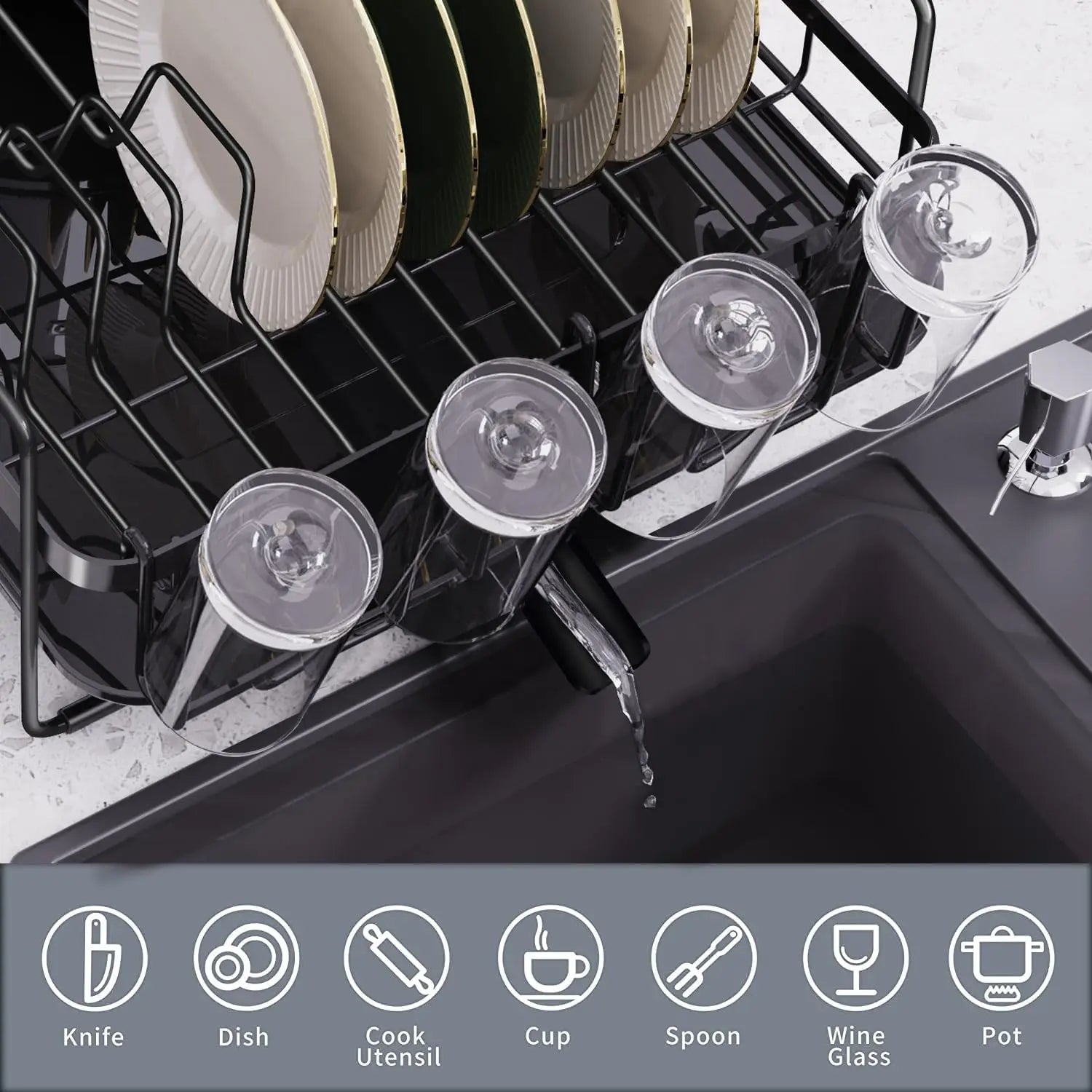 Large Dish Drying Rack with Drainboard Set – Expandable Dish Drainer with Utensil & Cup Holder | Adjustable Kitchen Organizer