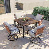 “5-Piece Outdoor Dining Set – 4 Leather-Look Wicker Swivel Chairs & Square Woodgrain Patio Table”