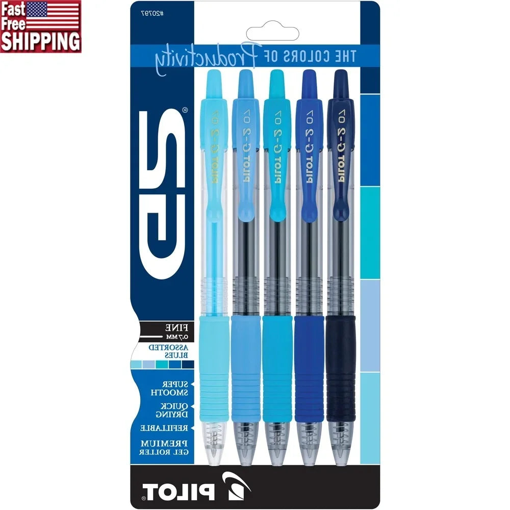 G2 Premium Gel Pens – Assorted Blue Ink, Fine Point 0.7mm, Smooth Writing with Ergonomic Grip – 5 Pack
