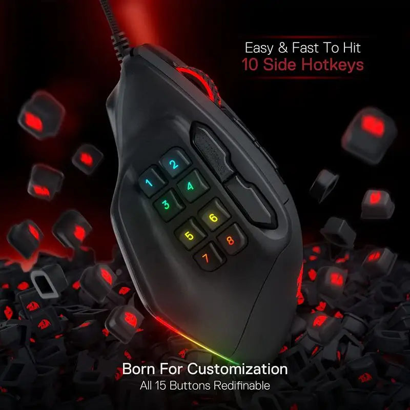 Redragon M811 Aatrox MMO Gaming Mouse – Wired RGB Optical Mouse with 15 Programmable Buttons & Ergonomic Natural Grip Design