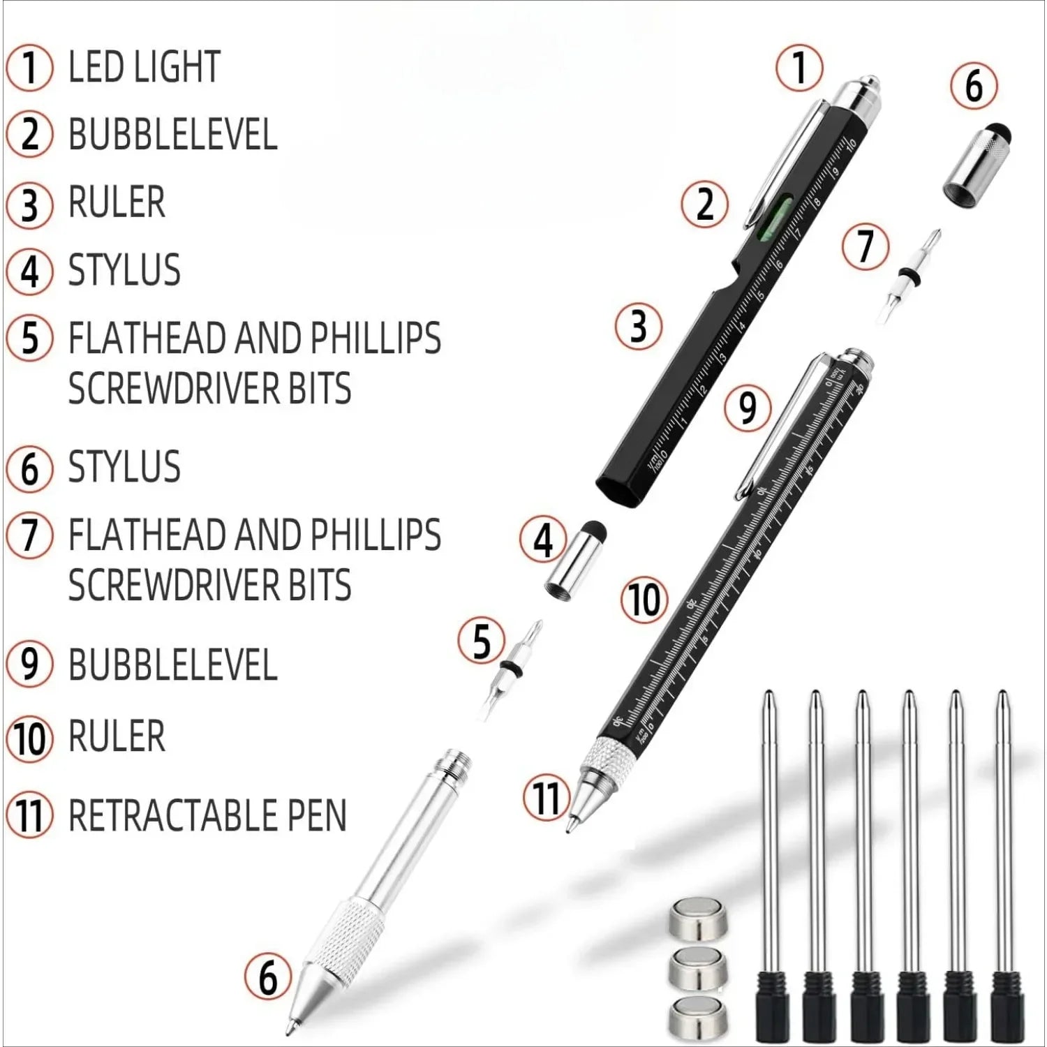 Multifunction Pen – 6-in-1 Stylus Ballpoint Tool with Ruler, Level, Screwdriver & LED Light 🔧