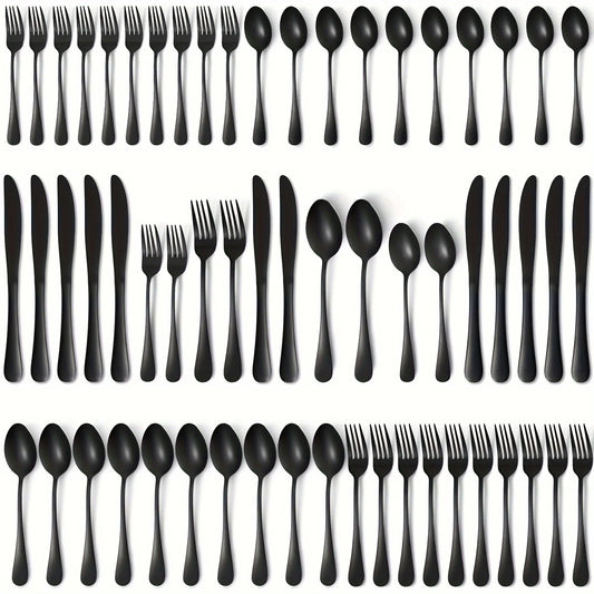 60-Piece Stainless Steel Flatware Set – Black Mirror-Polished Cutlery for Service of 12