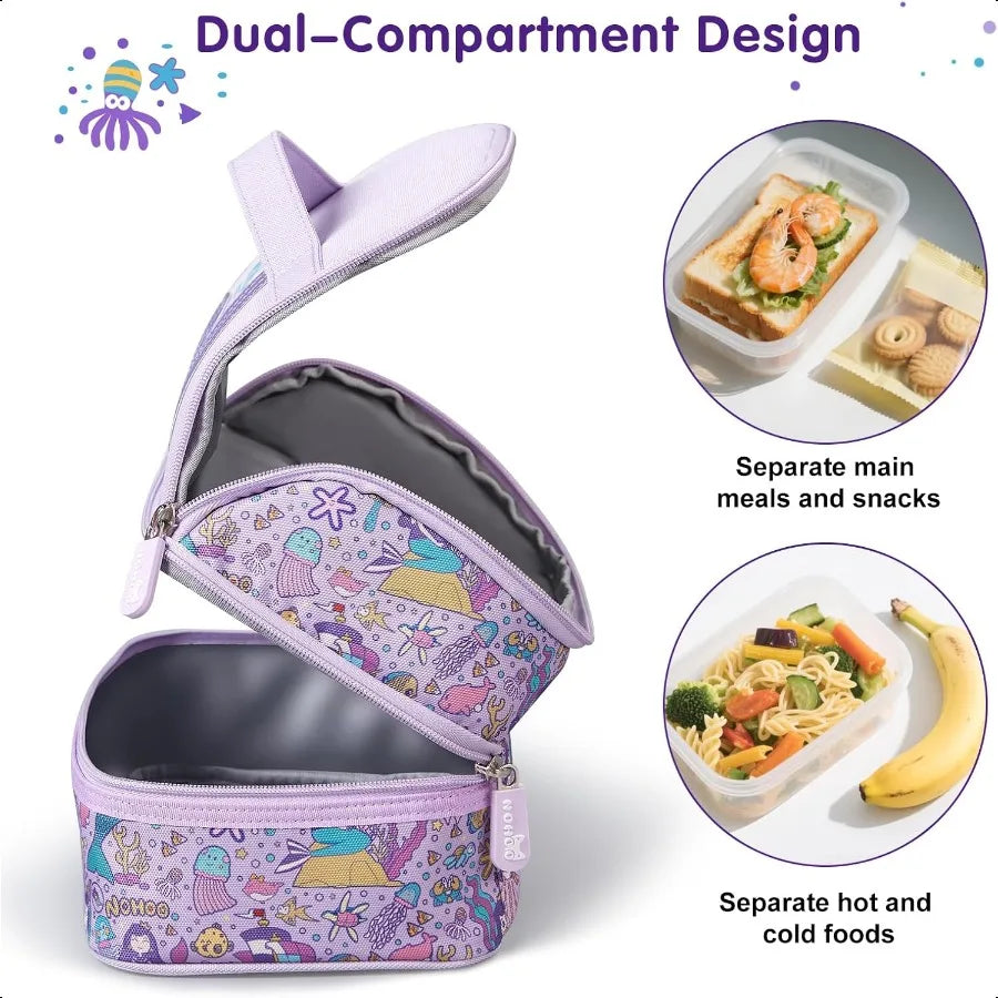 NOHOO Kids Insulated Lunch Bag – Small Reusable Purple Mermaid Print for Girls Toddlers School & Daycare