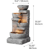 33.25″ Cascading Bowls & Stacked Stones LED Outdoor Water Fountain