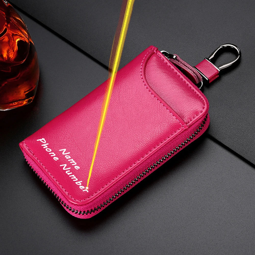Personalized Leather Keychain Holder – Custom Name & Phone Number Car Key Case and Multifunction Pouch