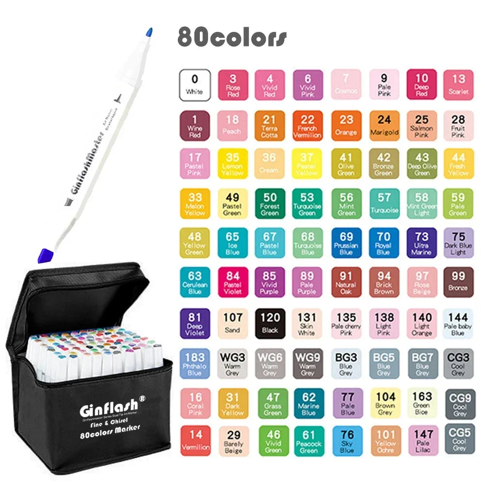 Ginflash Dual Tip Art Markers – Fine & Chisel Brush Alcohol-Based Markers for Manga, Sketch & Illustration