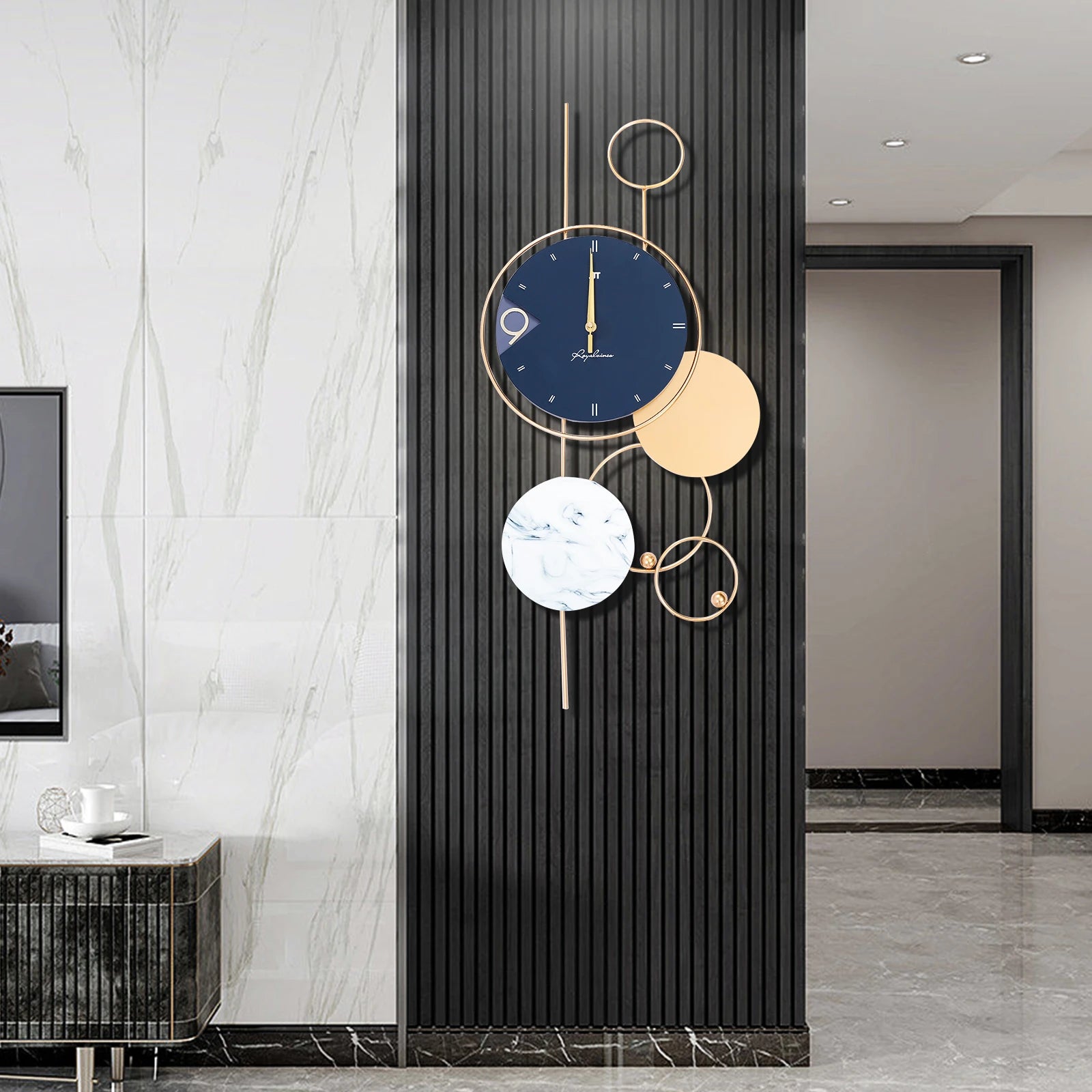 Large Wall Clock Without Drilling – Silent Round Minimalist Clock in Blue & White for Modern Home or Office Décor