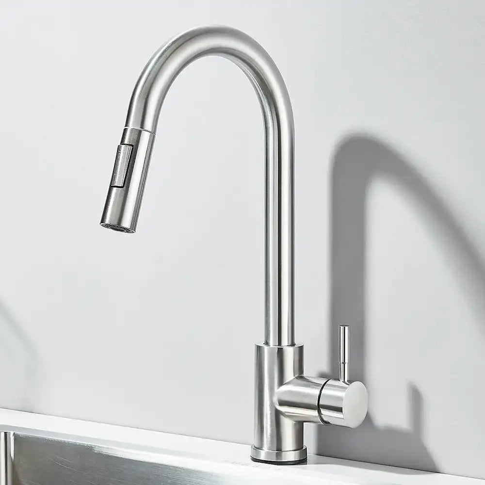 1- Product Title: Matte Black Pull-Out Kitchen Faucet – Deck Mounted Mixer Tap with Stream & Shower Modes