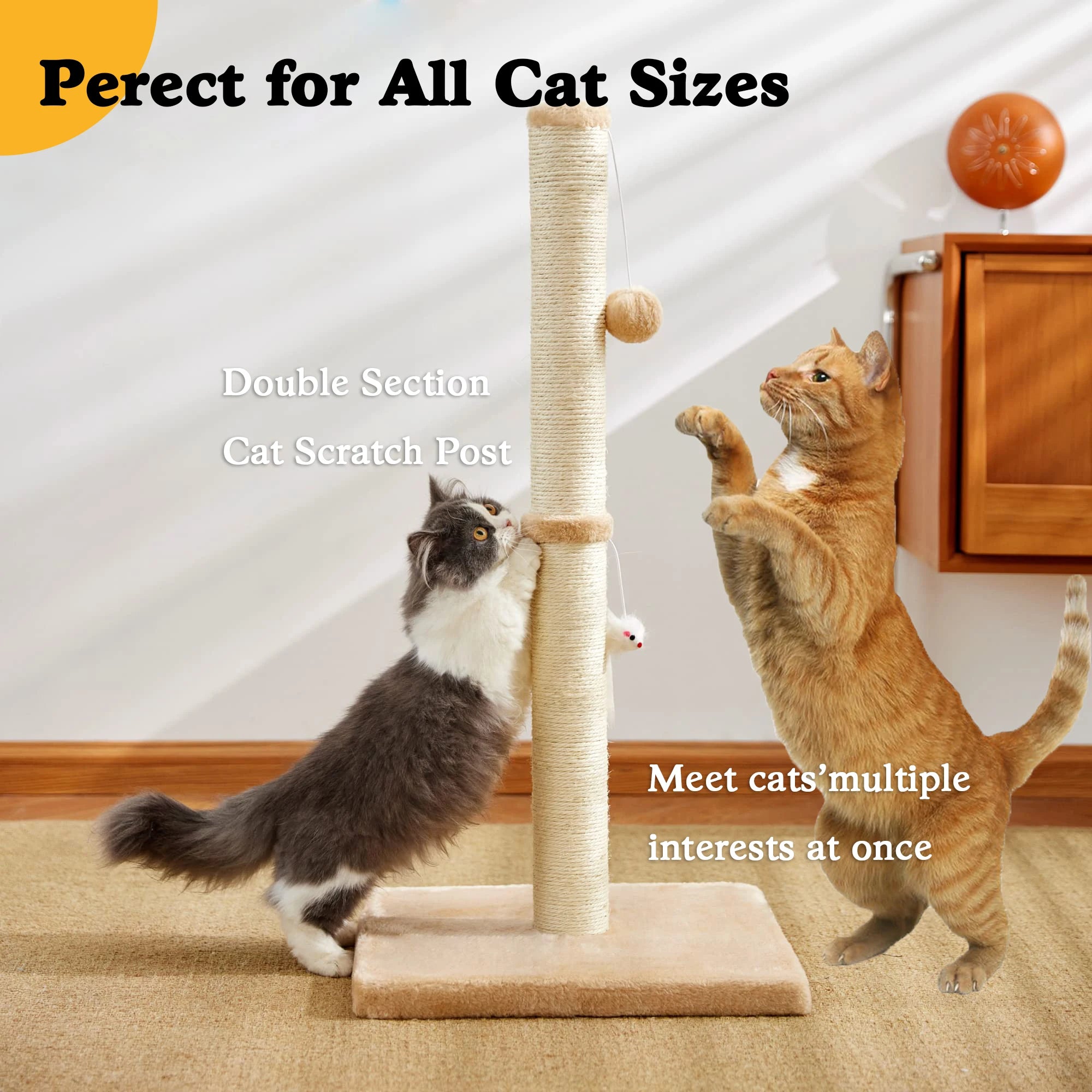 32" Tall Cat Scratching Post – Large Sisal Rope Scratcher with Dual Hanging Balls, Durable Post for Adult Indoor Cats