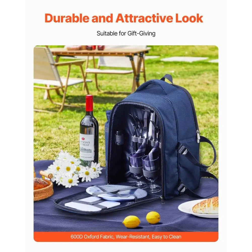 Navy Blue Picnic Backpack for Two – Insulated Cooler Compartment | Outdoor Beach & Camping Daypack