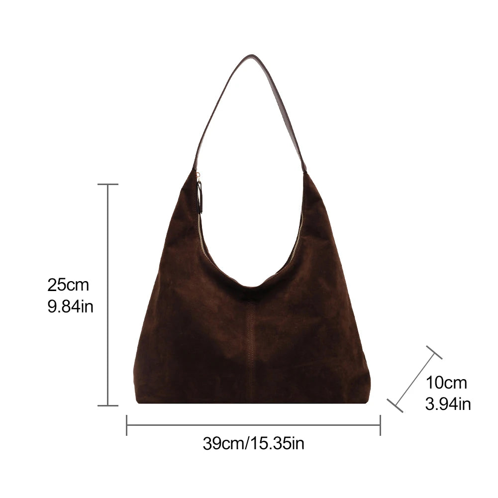 Women’s Suede Shoulder Hobo Bag – Large-Capacity Slouchy Underarm Tote with Zipper for Daily Commuting & Travel