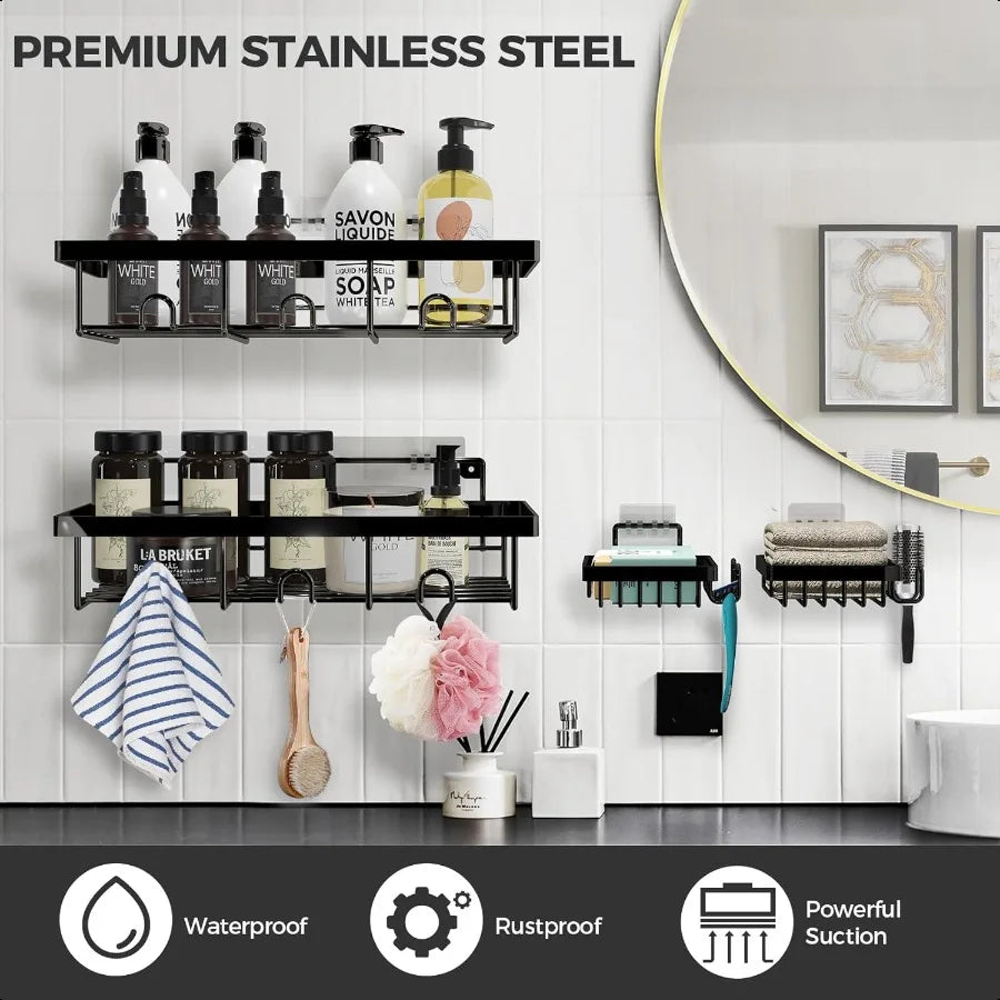 4-Pack Adhesive Stainless-Steel Shower Caddy Organizer – Rustproof Wall Shelves with Hooks