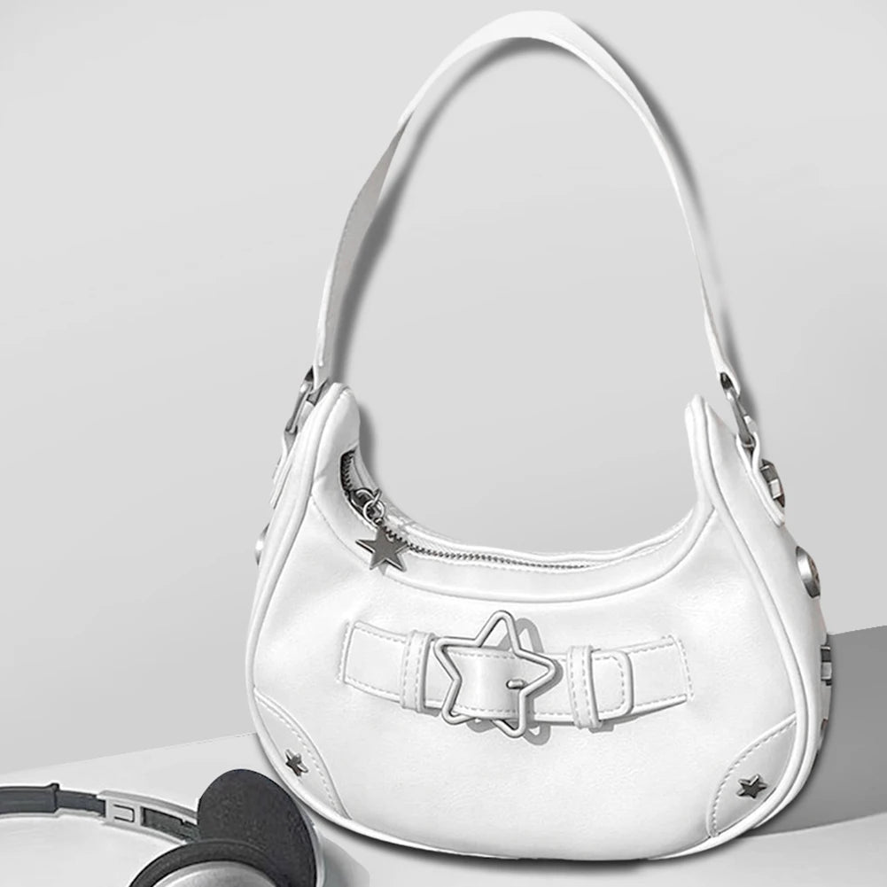 Women’s Vintage Y2K Top-Handle Handbag – Solid Color Purse with Zipper & Star Decor, Cute Tote Gift for Girls