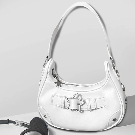 Women’s Vintage Y2K Top-Handle Handbag – Solid Color Purse with Zipper & Star Decor, Cute Tote Gift for Girls