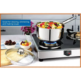 3 Quart Induction-Compatible Stainless Steel Saucepan with Straining Lid & Tri-Ply Base