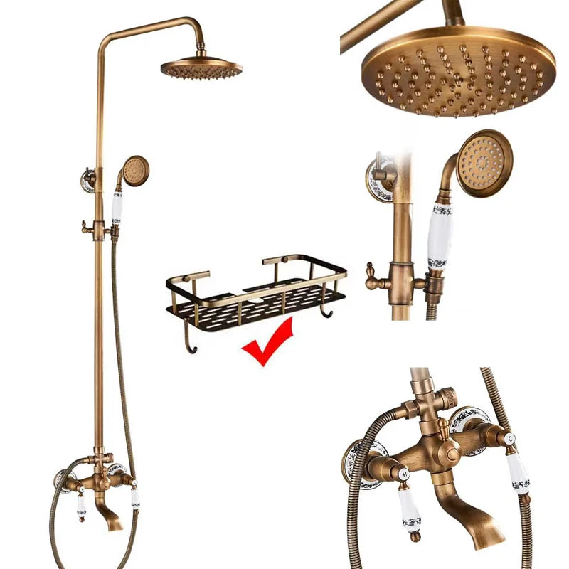 Antique Brass Shower Faucet Set – Wall-Mounted Rainfall Head with Dual Handles Hot & Cold Mixer Tap