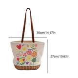 Women’s Straw Shoulder Bag – Patchwork Canvas Printed Bucket Tote with Large Capacity for Shopping & Travel 👜🌴