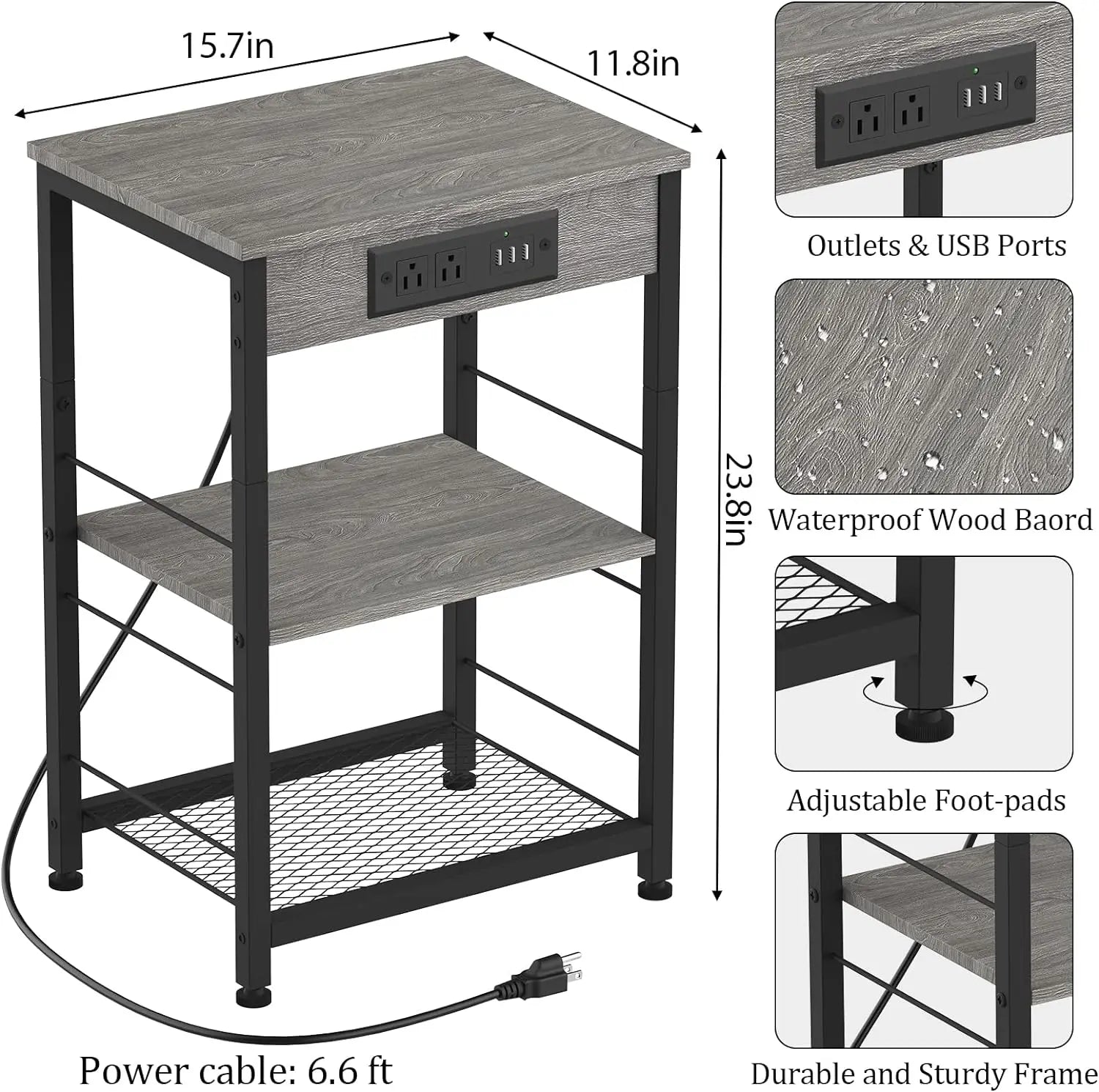 Bedside Table with Charging Station – 3-Tier Nightstand with USB Ports & Power Outlets, Side Table with Storage Rack for Bedroom & Living Room